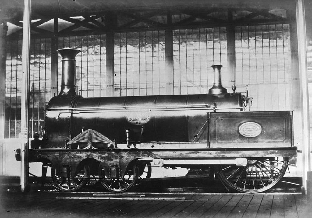 The South Eastern Railway Company's express train 'Folkstone' designed by T R Crampton on display at the 1851 Great Exhibition in the Crystal Palace, London.