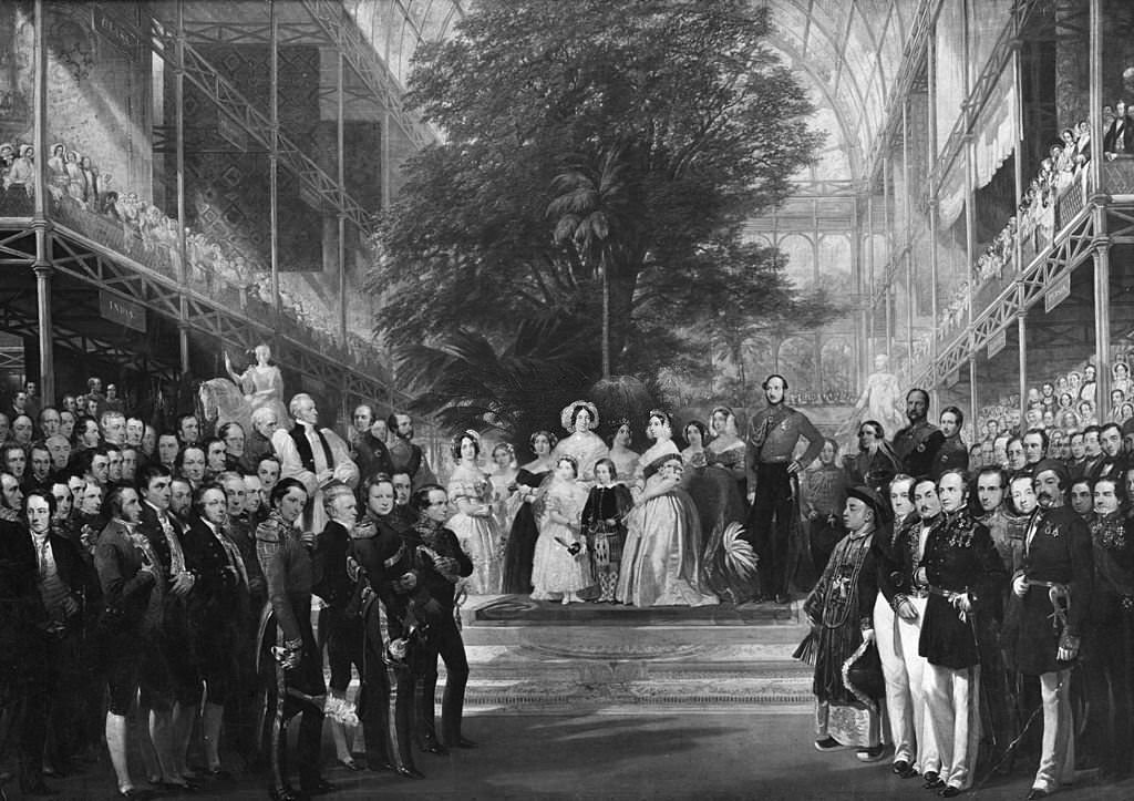 Accompanied by Prince Albert and her children, Queen Victoria (1819 - 1901) opens the Great Exhibition in the Crystal Palace, London, 1