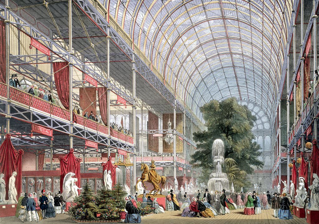 A hand-colored lithograph showing the India display at the Great Exhibition of 1851.