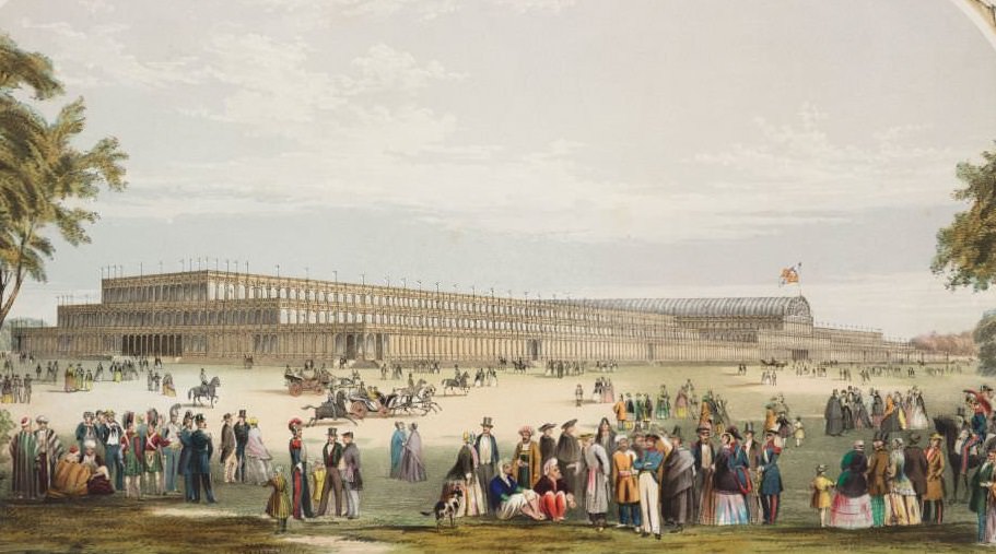 Print bordered with gilt showing the exterior facade and gardens of the Crystal Palace, 1851