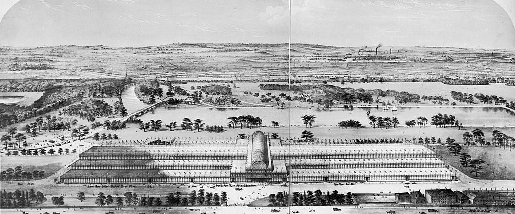 A view looking south over the site of the Great Exhibition at the Crystal Palace in Hyde Park, London, 1851.