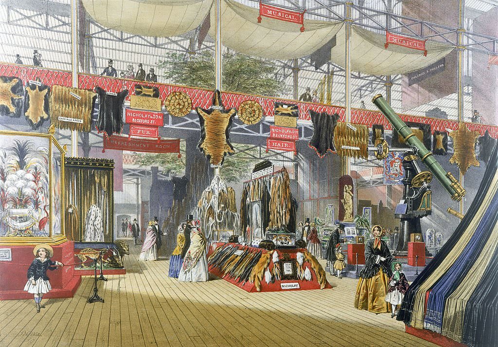 Stand showing furs at the Great Exhibition, Crystal Palace, London, 1851.