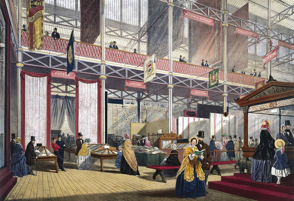 Cotton, carriages etc at the Great Exhibition, Crystal Palace, London, 1851.