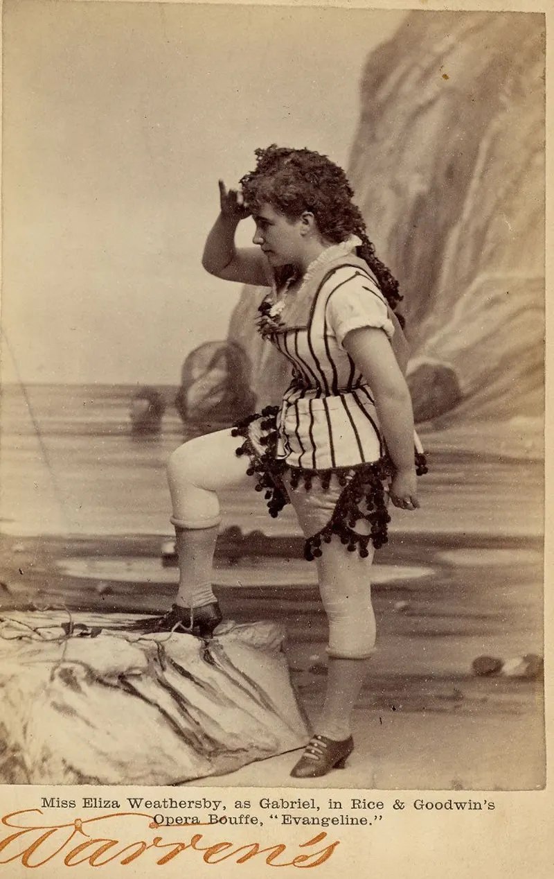 Eliza Weathersby, as Gabriel, in Rice & Goodwin’s opera bouffe, “Evangeline,” probably during a performance at Boston Museum, 1877.