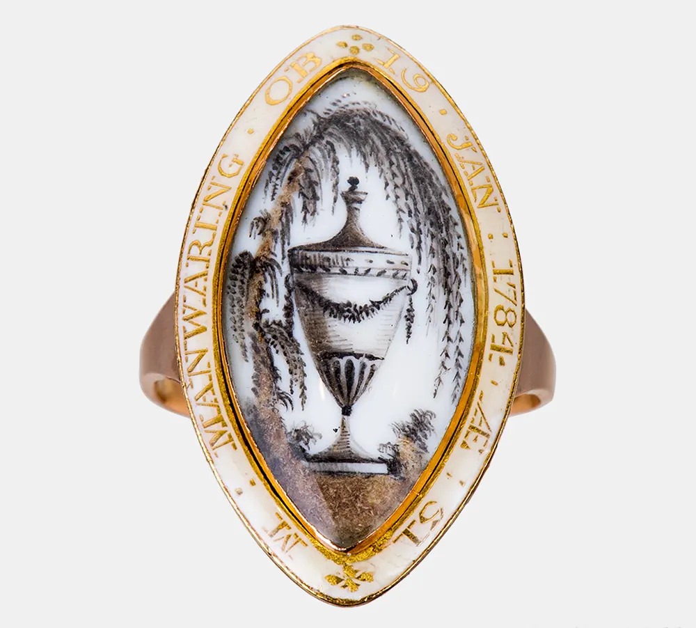 Although not Victorian, this late 18th Century, 18K gold memorial ring from the Georgian period incorporates small pieces of hair under the base of the urn and in the willow tree.