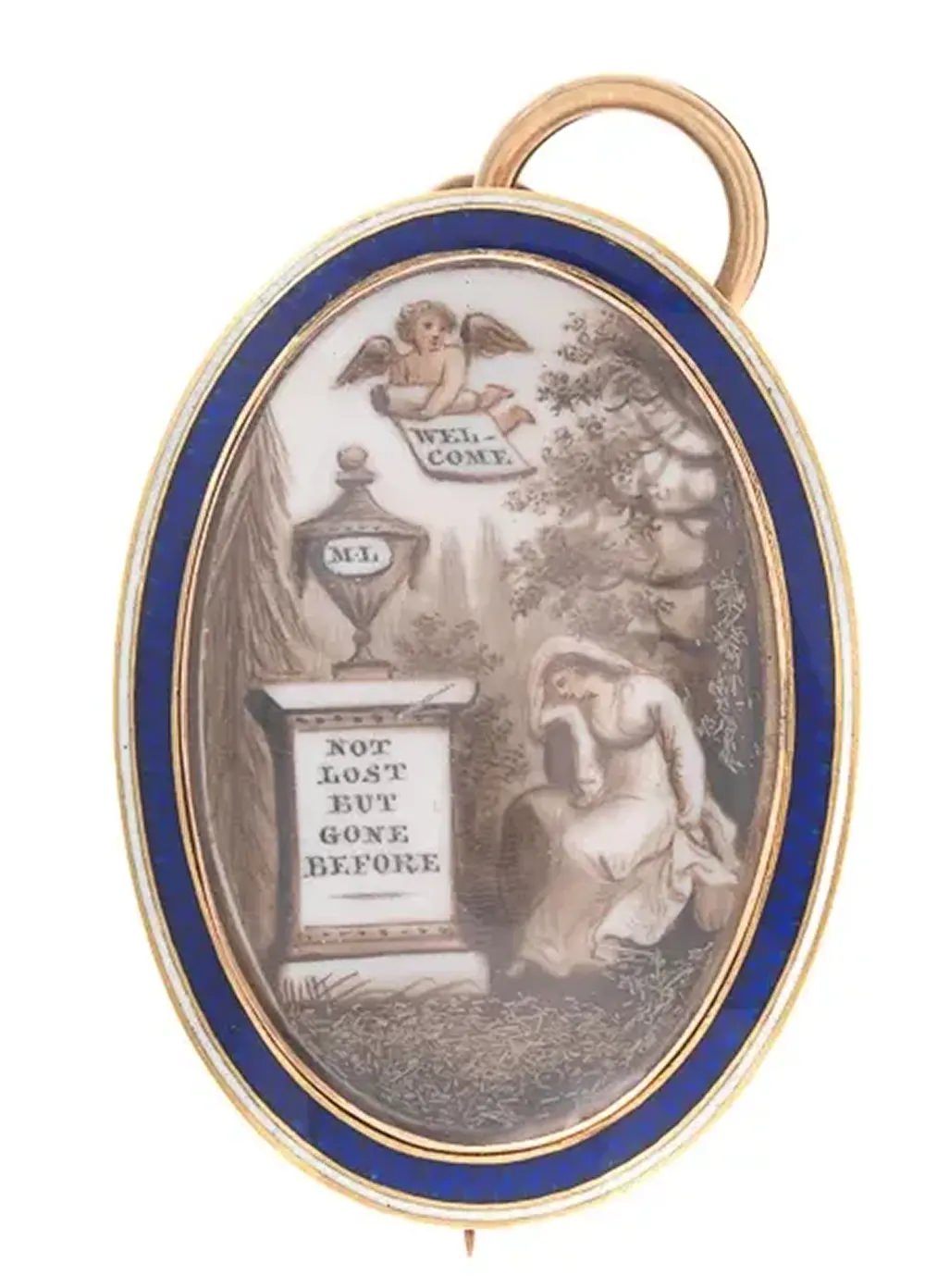 A mourning pendant with a miniature painting depicting a grieving mourner.