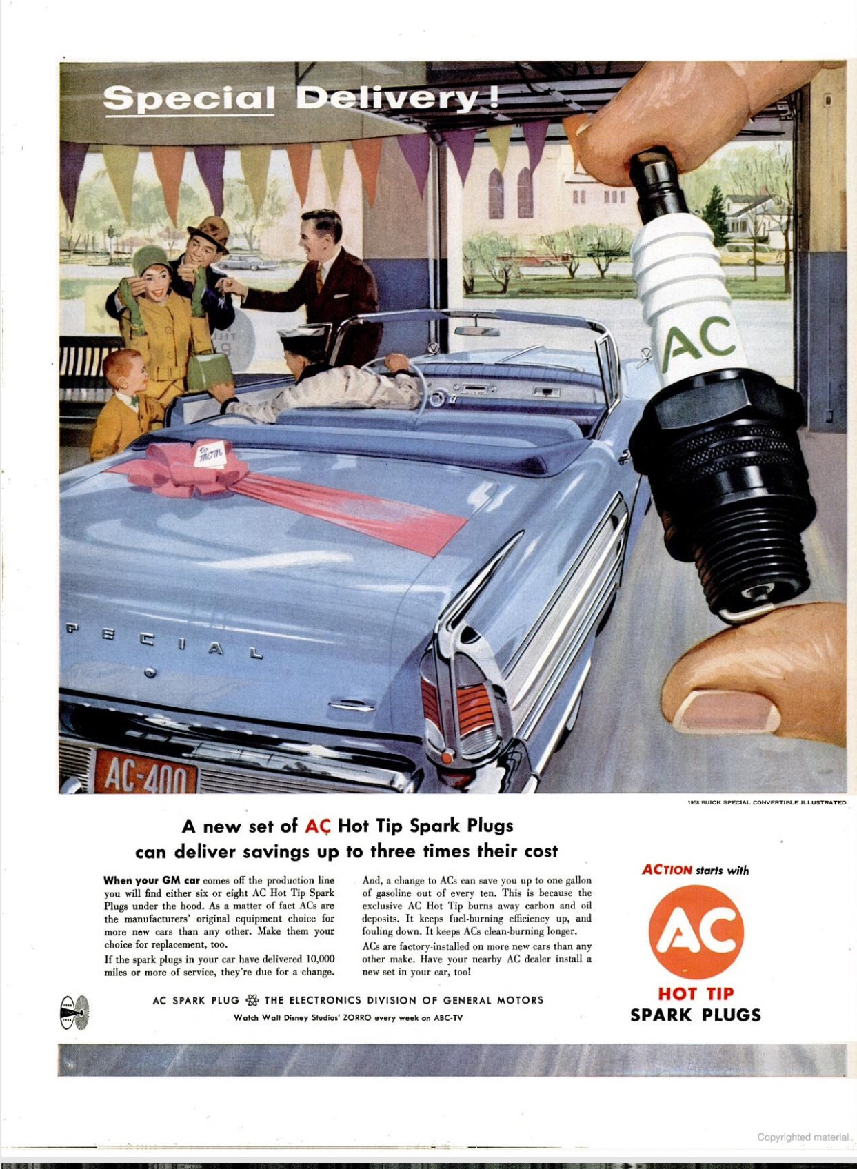 Vintage AC Spark Plugs ads from the 1950s and 1960s