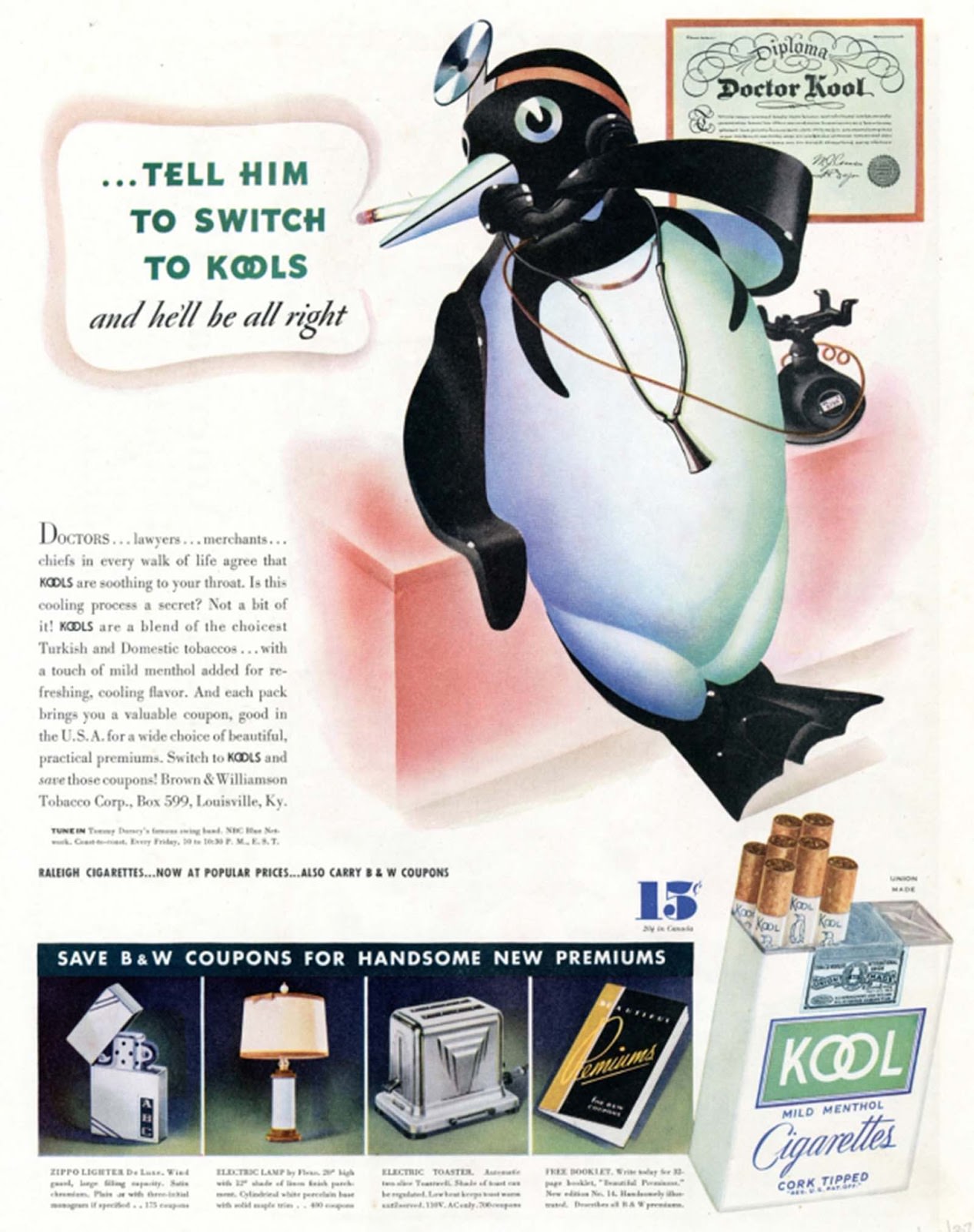 Kool’s penguin poses as an otolaryngologist in this 1938 ad. The brand made the case that its cigarettes actually soothed the throat.