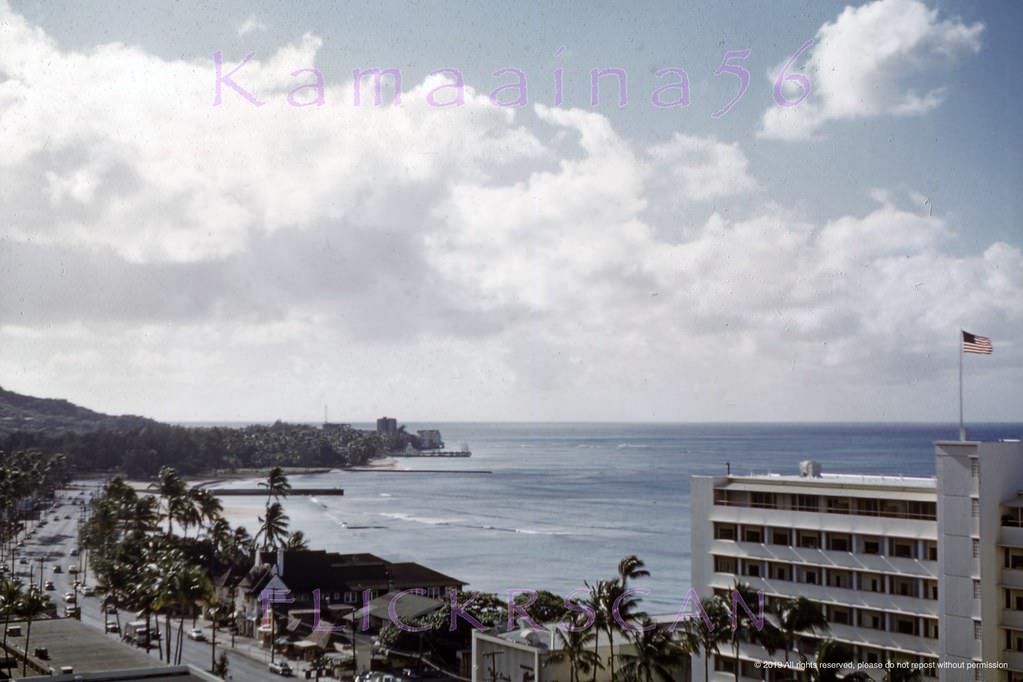 Morning light looking Diamond Head along Waikiki’s Kalakaua Avenue from an upper floor at the 1955 Princess Kaiulani Hotel, 1958