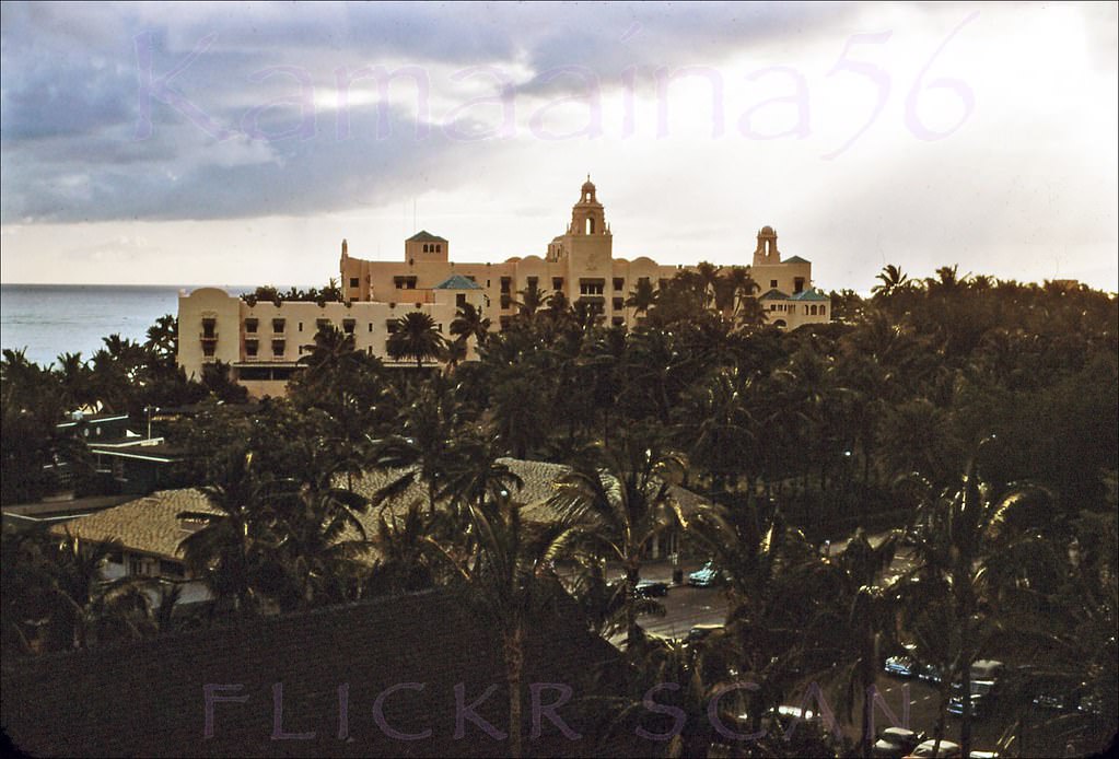 View from an upper floor at the Princess Kaiulani Hotel across Waikiki’s Kalakaua Avenue from the Royal Hawaiian Hotel, 1955