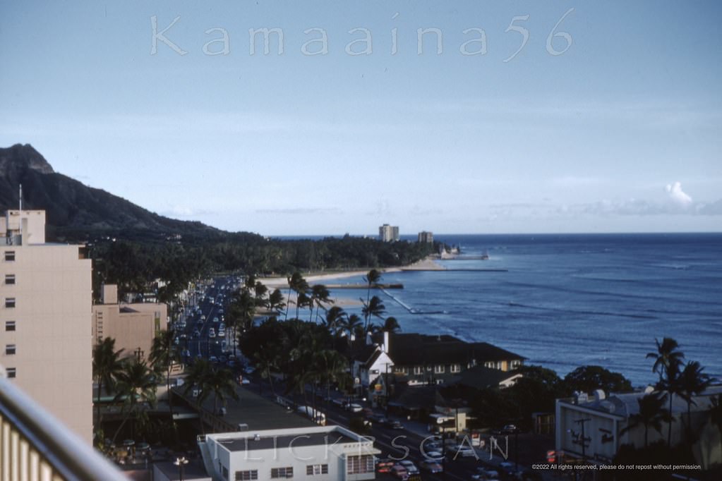 Evening in the islands looking out on Waikiki’s Kalakaua Avenue from an upper floor at the 12 floor Princess Kaiulani Hotel, 1959