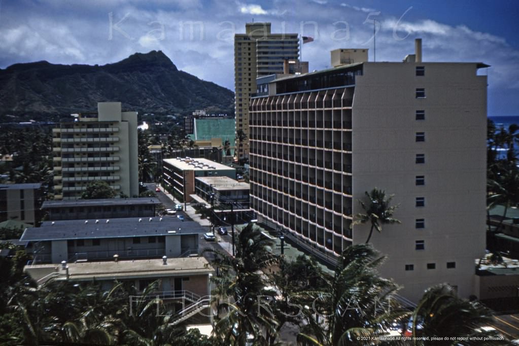Looking Diamond Head (east) along Waikiki’s Koa Avenue from the 12 floor 1955 Princess Kaiulani Hotel, 1963