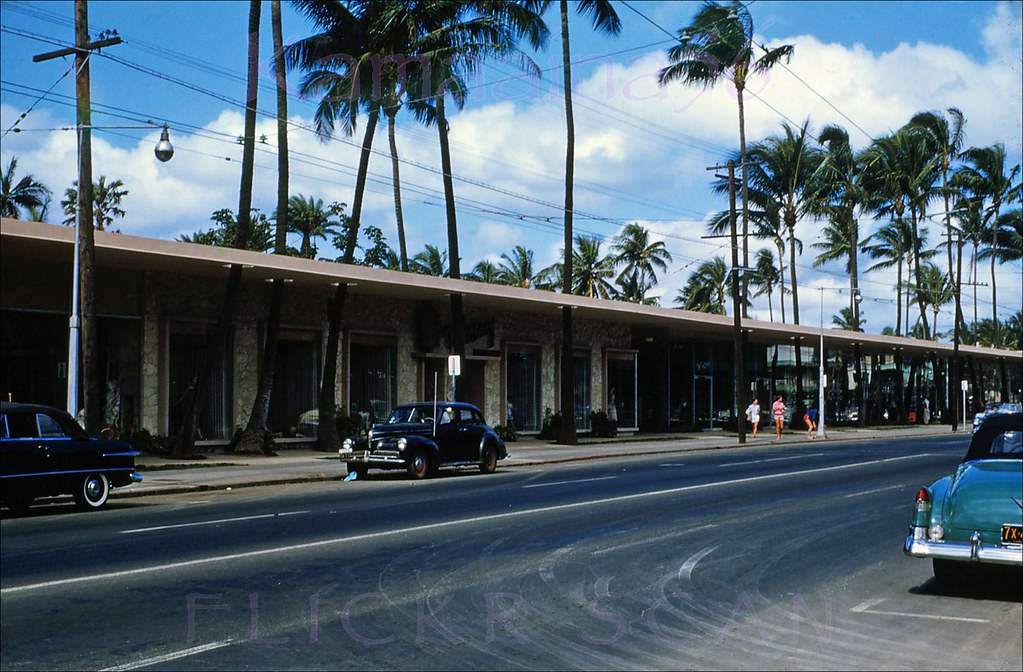 The Watumull Beach Shops built by Walker-Moody Construction on the Kalakaua Avenue side of the Royal Hawaiian Hotel, 1955