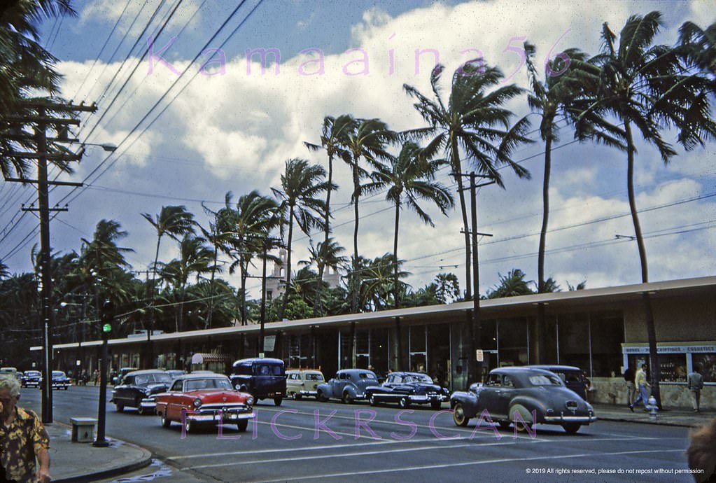 Waikiki’s Kalakaua Avenue from the northwest corner with Lewers Street towards the Watumull Beach Shops, 1953