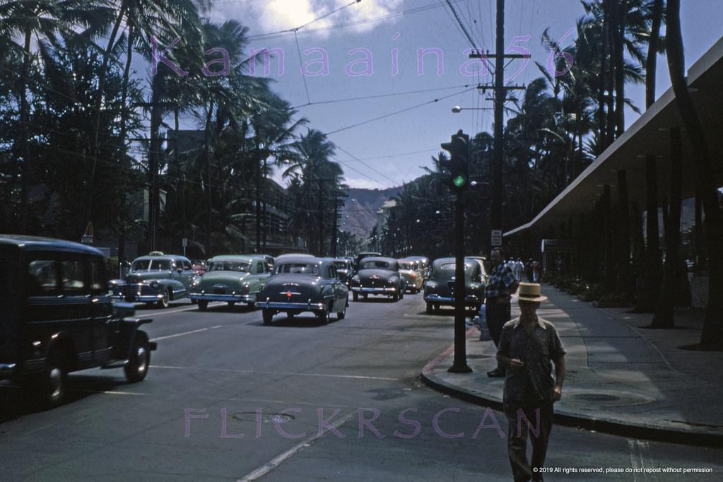Diamond Head along Waikiki’s Kalakaua Avenue from the intersection with Lewers Road, 1950s