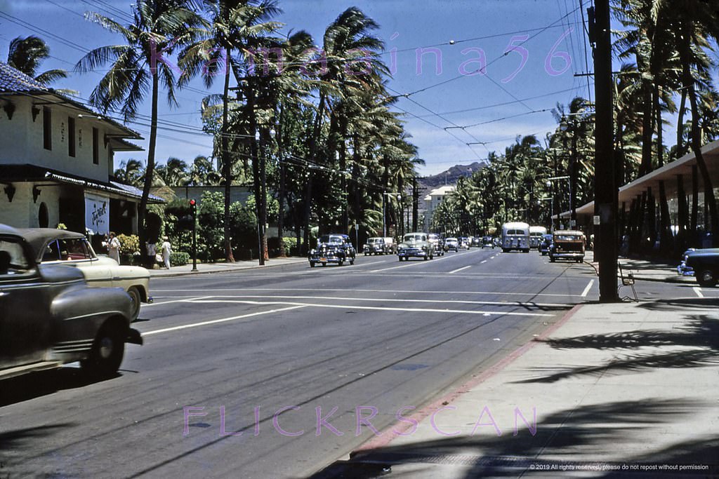 Looking Diamond Head along Waikiki’s Kalakaua Avenue from the southwest corner of Lewers Road, 1953