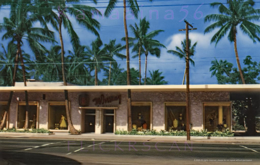 Department store on Kalakaua Avenue in front of the Royal Hawaiian Hotel, designed by noted Honolulu architect Pete Wimberly, 1950s