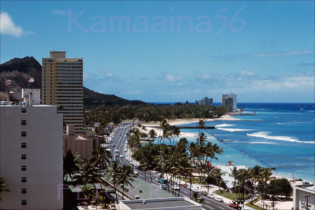 Diamond Head view along Kalakaua Avenue from an upper floor at the 12-story Princess Kaiulani Hotel, 1962