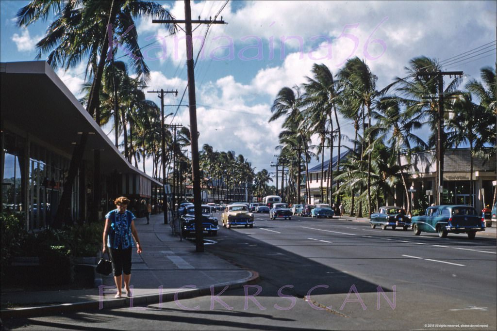 View along Waikiki’s Kalakaua Avenue from the Royal Hawaiian Hotel driveway, 1958