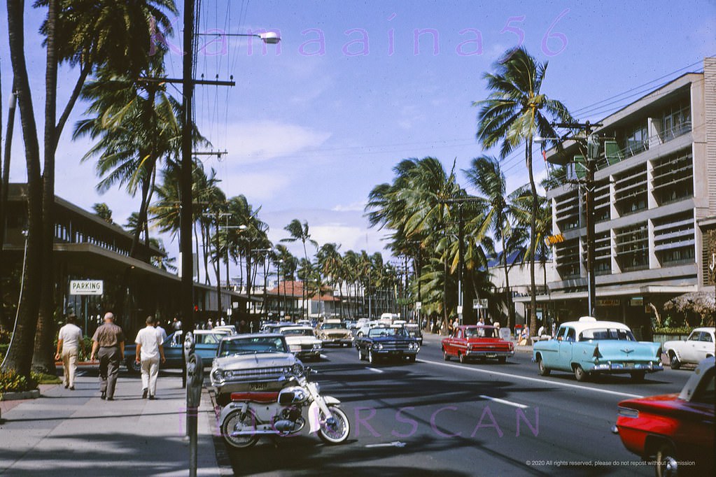 Looking Ewa (more or less west here) along Waikiki's Kalakaua Avenue from around Royal Hawaiian Avenue, 1964