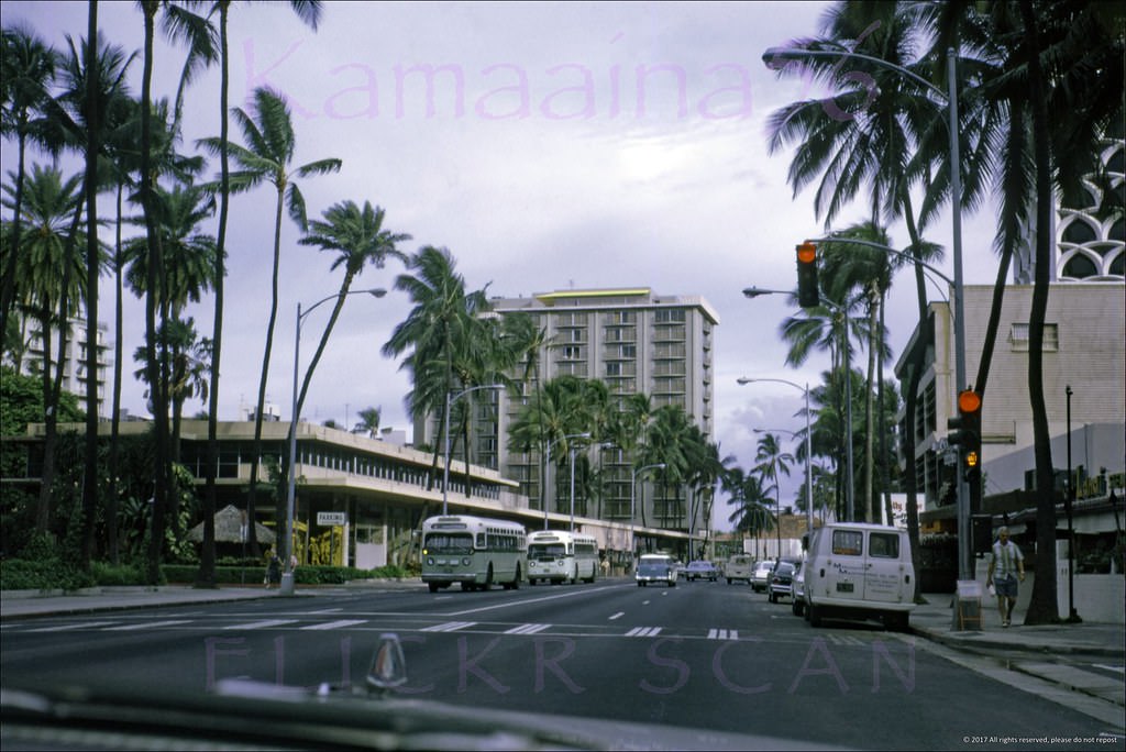 Early morning looking west along Waikiki’s Kalakaua Avenue from the intersection with Seaside Avenue, 1967