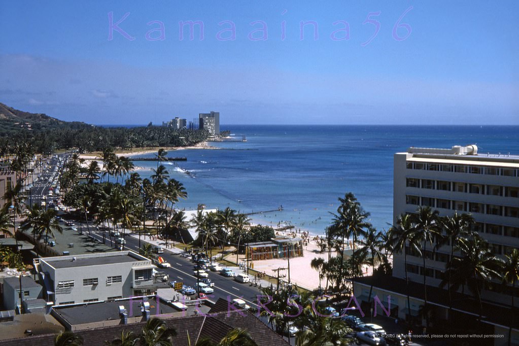 Pretty afternoon light looking Diamond Head along Kalakaua Avenue from an upper floor at the 12 floor Princess Kaiulani Hotel, 1963.