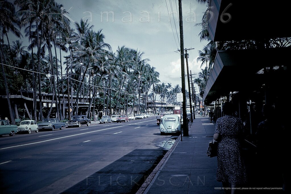 Looking west along Waikiki’s Kalakaua Avenue from in front of Liberty House Waikiki, 1962