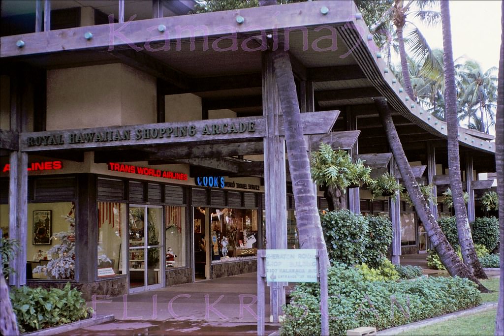 The old Royal Hawaiian Shopping Arcade on the makai side of Kalakaua Avenue fronting the Royal Hawaiian Hotel, 1967