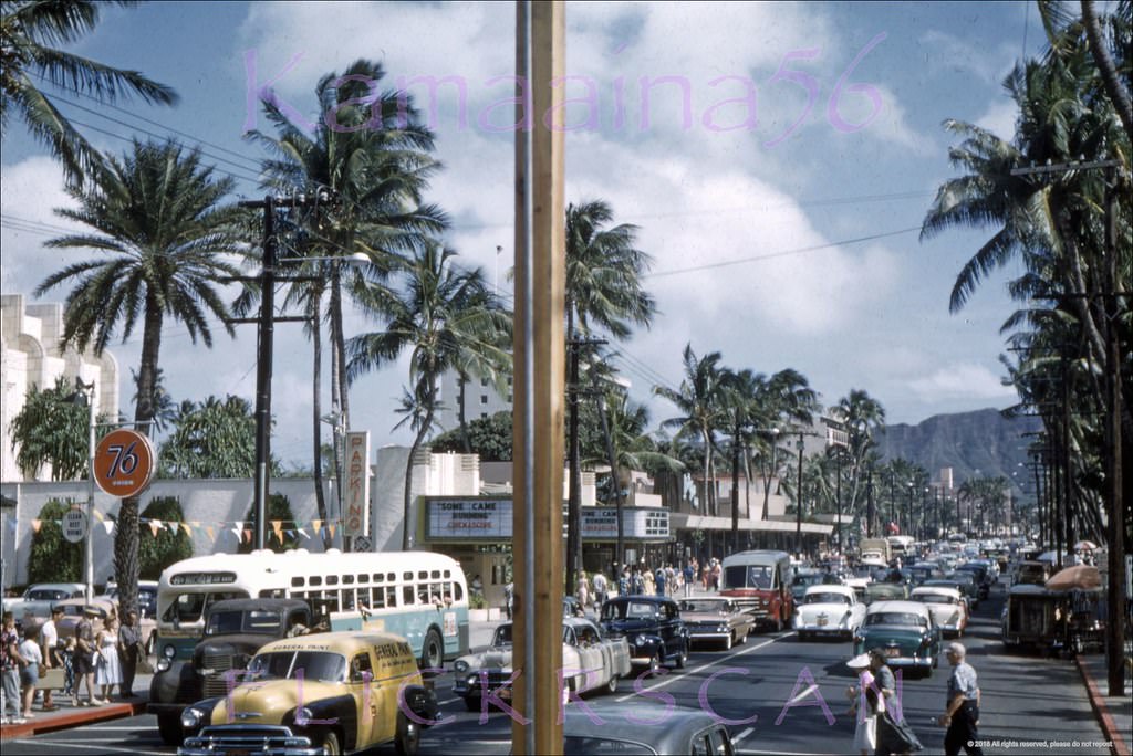Busy Kakalakaua Avenue looking Diamond Head from the Seaside Avenue intersection, 1959