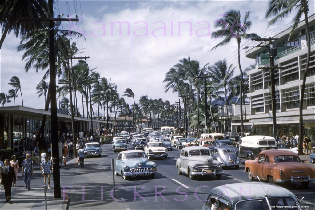 Waikiki’s Kalakaua Avenue looking Ewa from the Seaside Avenue intersection, 1959