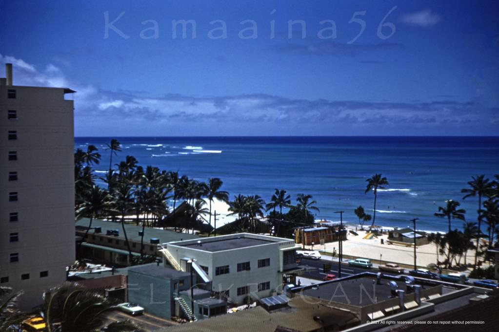 Pretty Ocean view from an upper floor at the Princess Kaiulani Hotel, 1963