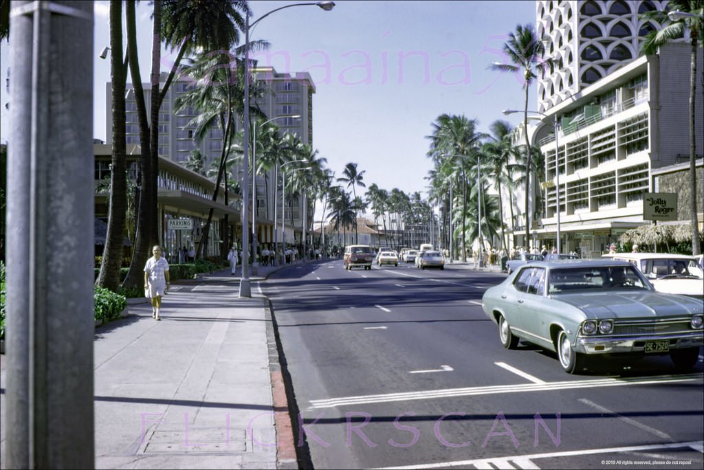 The 1958 McInerny Waikiki department store seen from across Kalakaua Avenue between Seaside and Royal Hawaiian Avenues, 1963