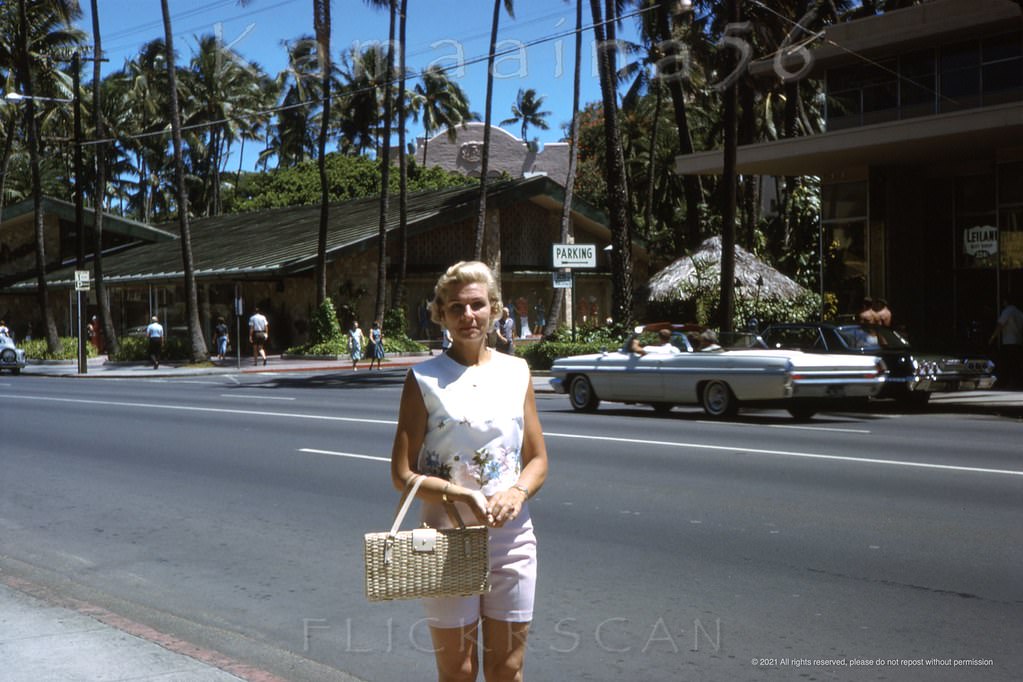 Overexposed but still interesting street level view of the Vladimir Ossipoff designed McInterny’s department store on Kalakaua Avenue, 1968.