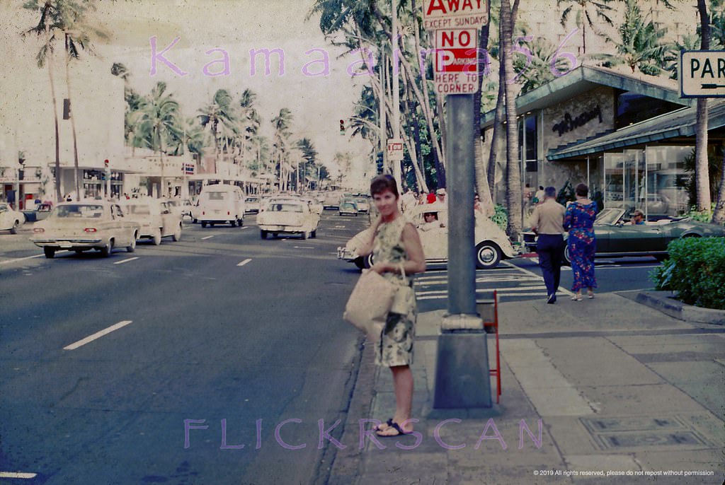 Makai side of Kalakaua Avenue at the Seaside Avenue intersection, 1958.