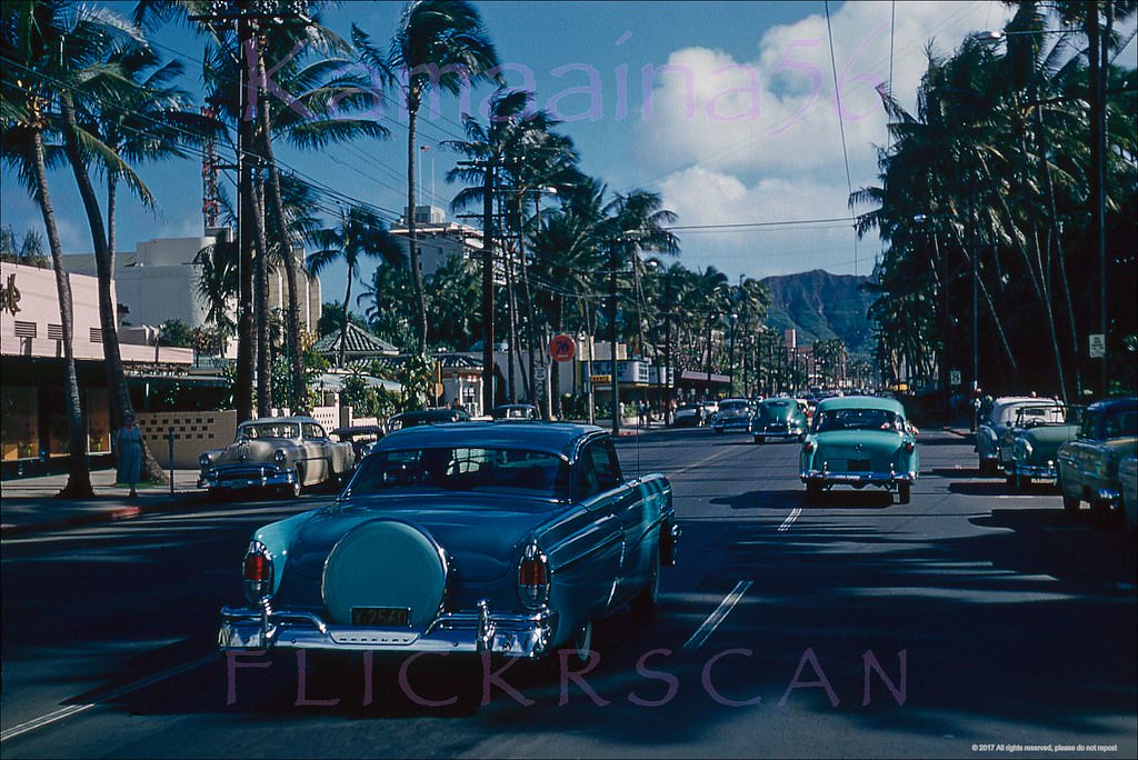 Heading Diamond Head (east) along Waikiki’s Kalakaua Avenue, 1964