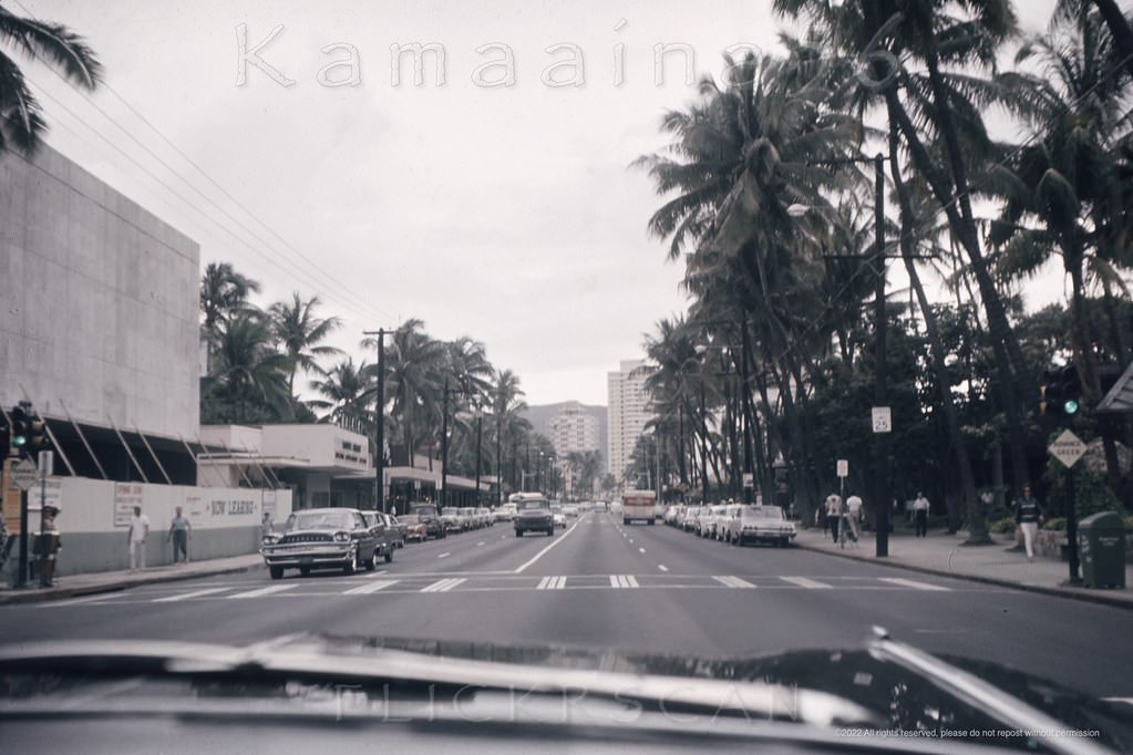 Heading Diamond Head (east) along Waikiki’s Kalakaua Avenue, 1964