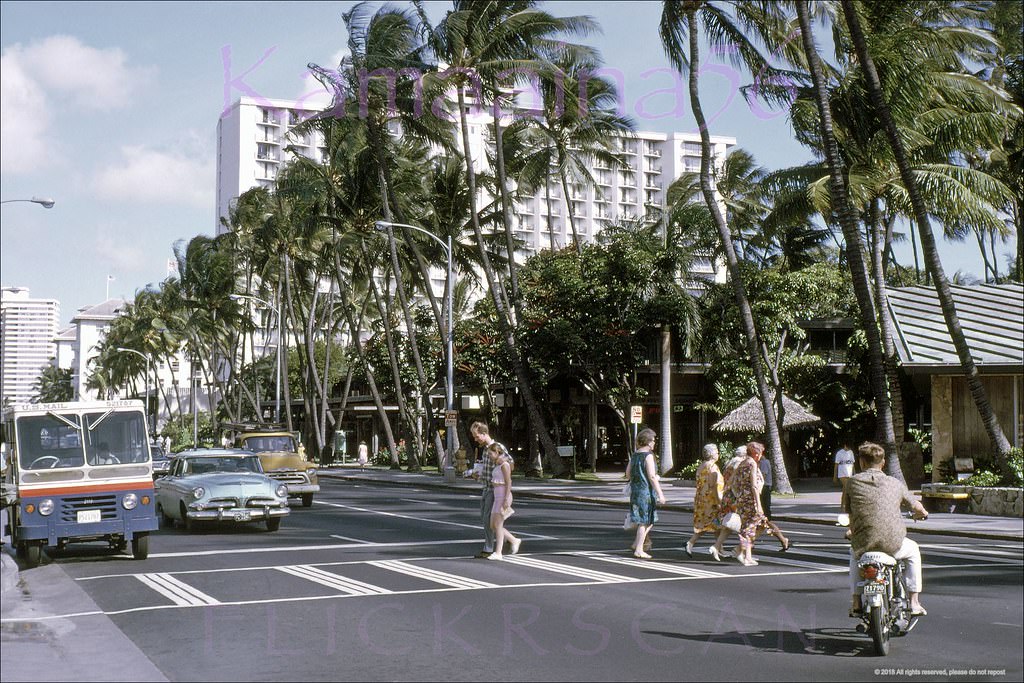 Afternoon looking Diamond Head (east) along Waikiki’s Kalakaua Avenue from the intersection with Seaside Avenue, 1967.