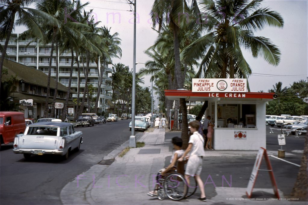 Mauka view (inland) along Waikiki’s Seaside Avenue from the corner of Kalakaua Avenue, 1963.