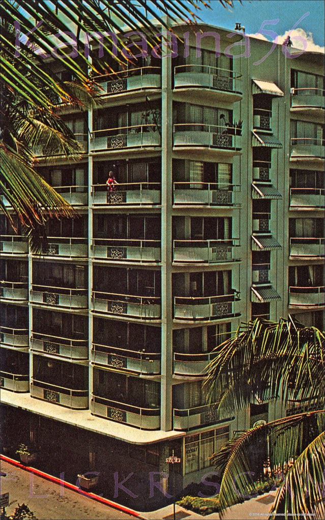 Eight story apartment hotel on the corner of Seaside Avenue and Lauula Street, one block mauka of Waikiki’s Kalakaua Avenue, 1960s.