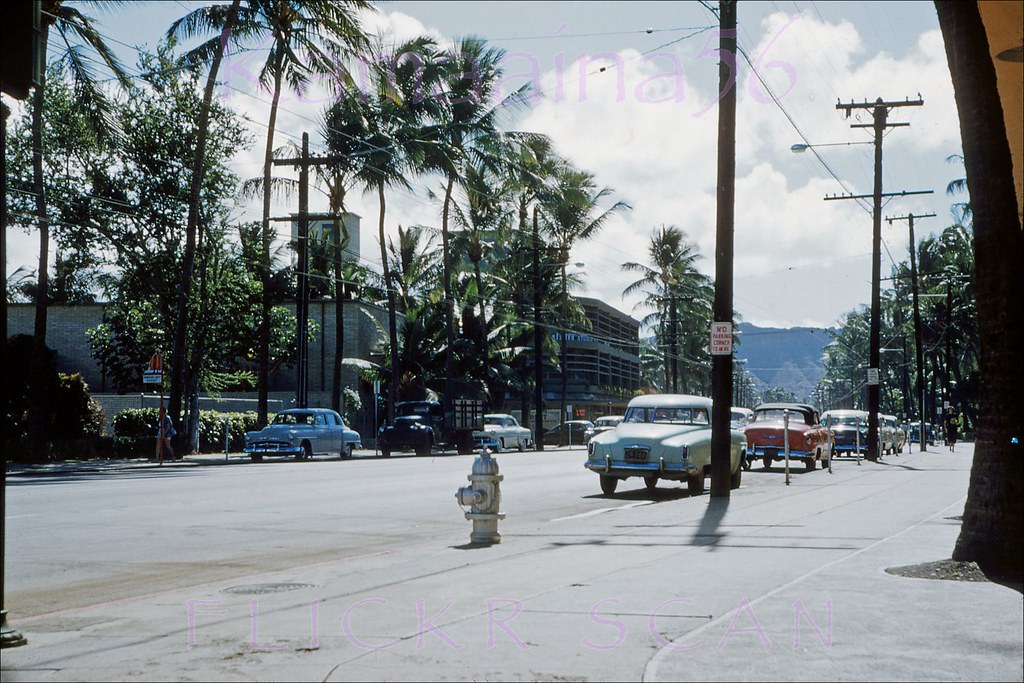 Looking Diamond Head from the Watumull Shops on Kalakaua Avenue at Lewers Road, 1953