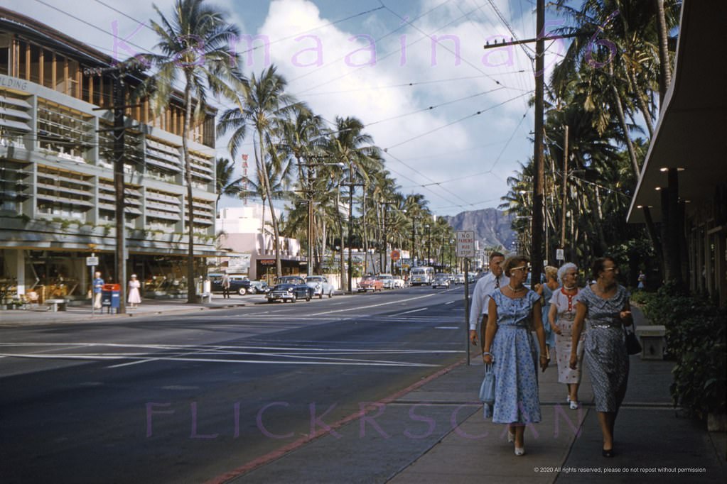 Waikiki’s Kalakaua Avenue seen from the intersection with Royal Hawaiian Avenue, 1955