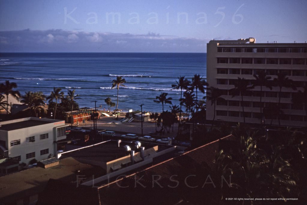 View from the 12-floor Princess Kaiulani Hotel looking makai (towards the ocean) early evening, 1963