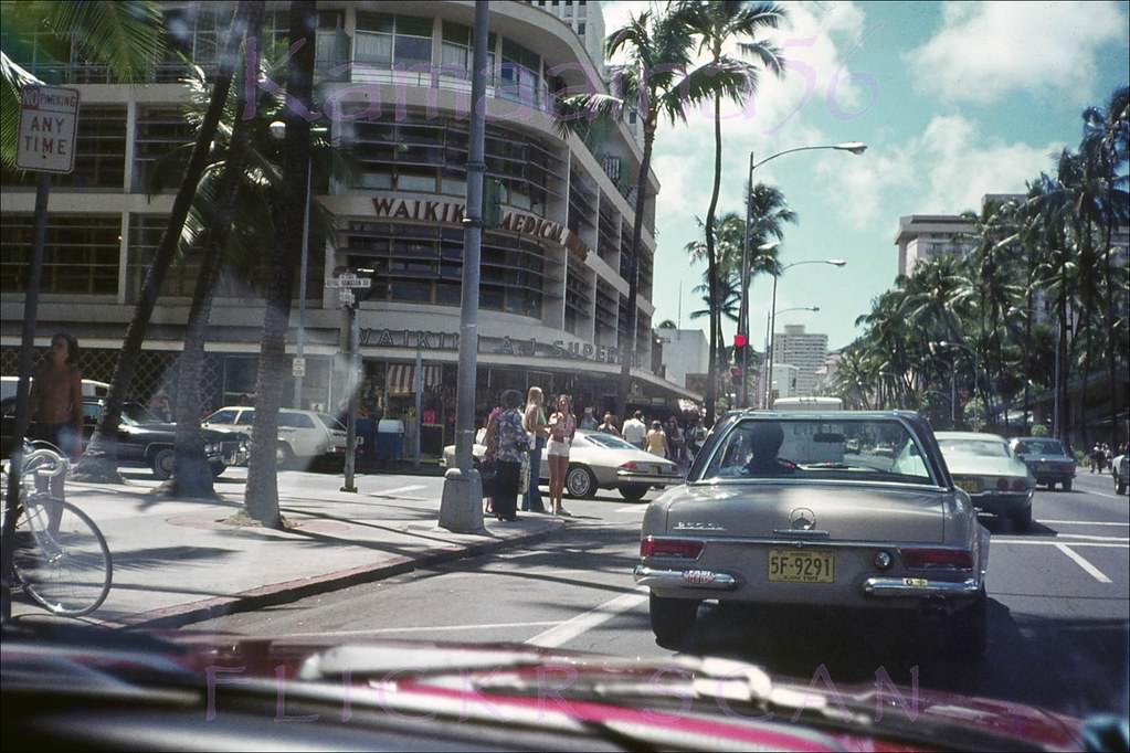 Driver’s eye view looking Diamond Head from Royal Hawaiian Avenue along Waikiki’s main drag Kalakua Avenue, 1974