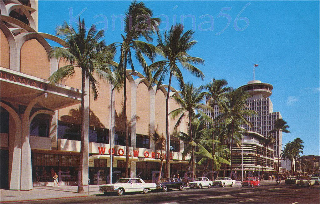 Street level view of Woolworth's Waikiki on the mauka side of Kalakaua Avenue at Royal Hawaiian Avenue, 1966