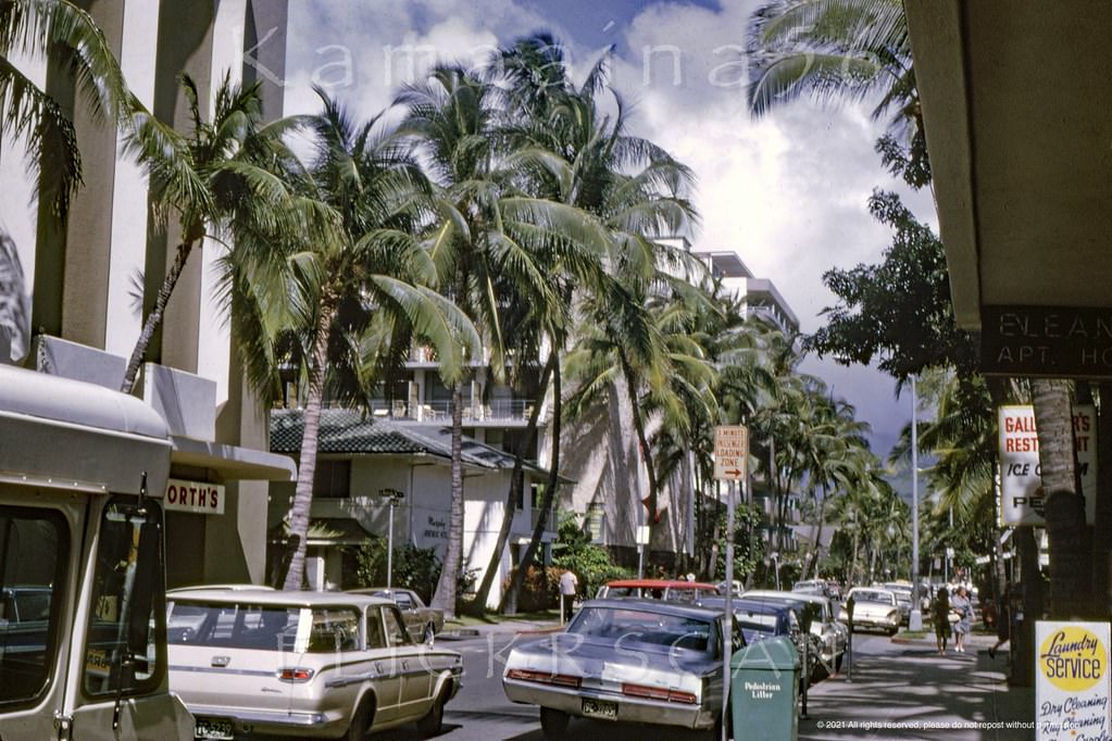 Waikiki’s Royal Hawaiian Avenue looking mauka (inland) from the corner of Kalakaua Avenue, 1967