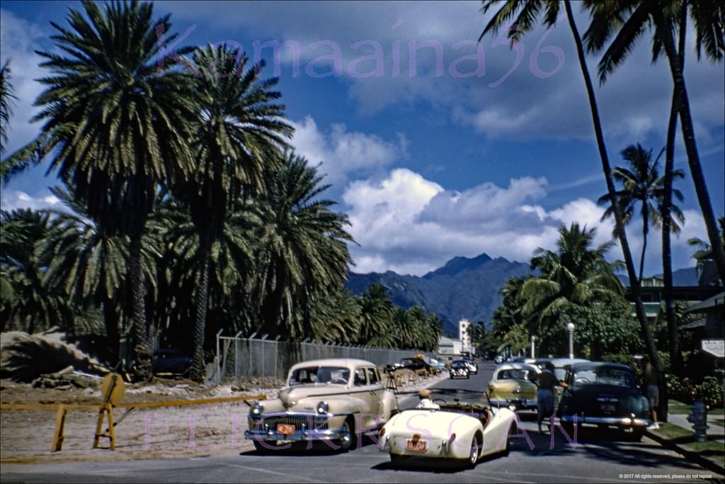 Looking Mauka (inland) along Waikiki's Saratoga Road from the Kalia Road intersection, 1957