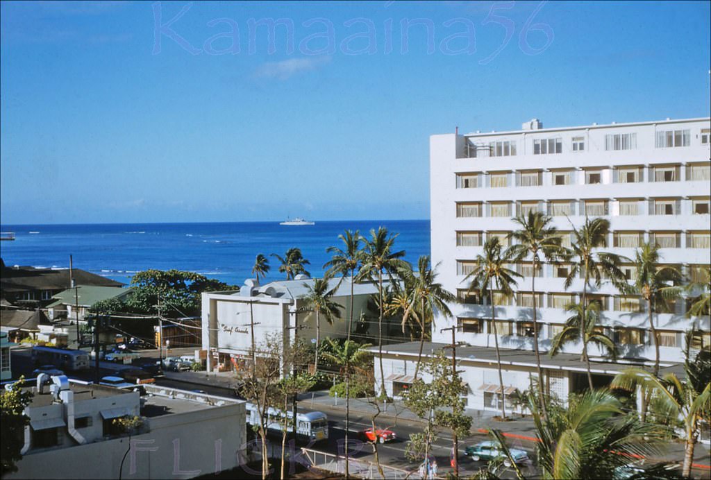 Kalakaua Avenue in Waikiki viewed from an upper floor at the Princess Kaiulani Hotel, 1955