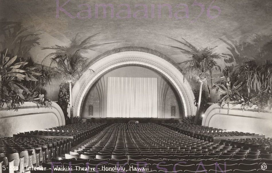 The tropical interior of the Waikiki Theater, 1940s
