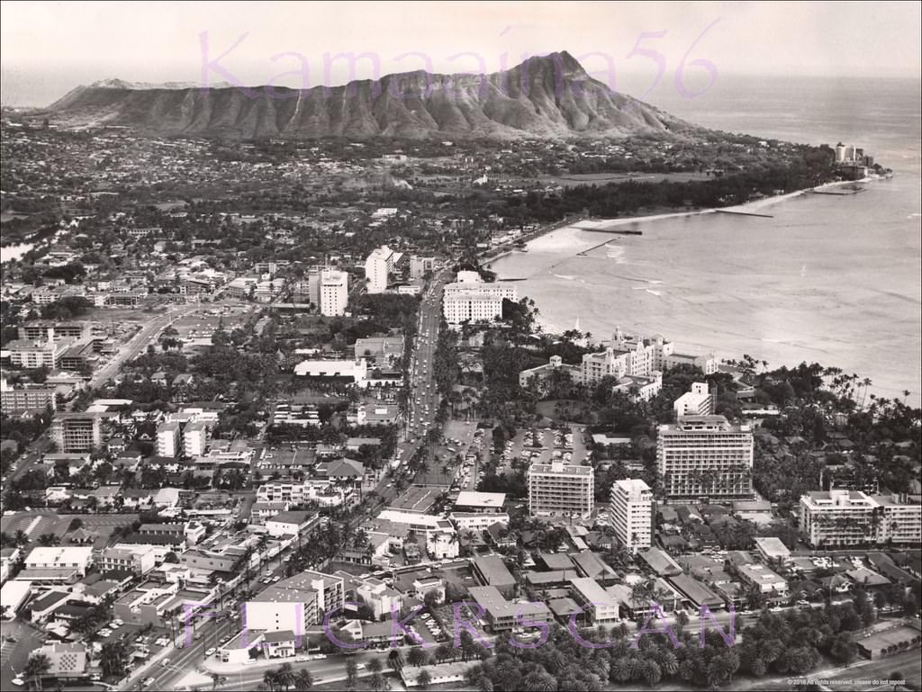 Another beautifully detailed Birdseye view of Waikiki development at the end of the 1950s based on the buildings in the scene, 1960