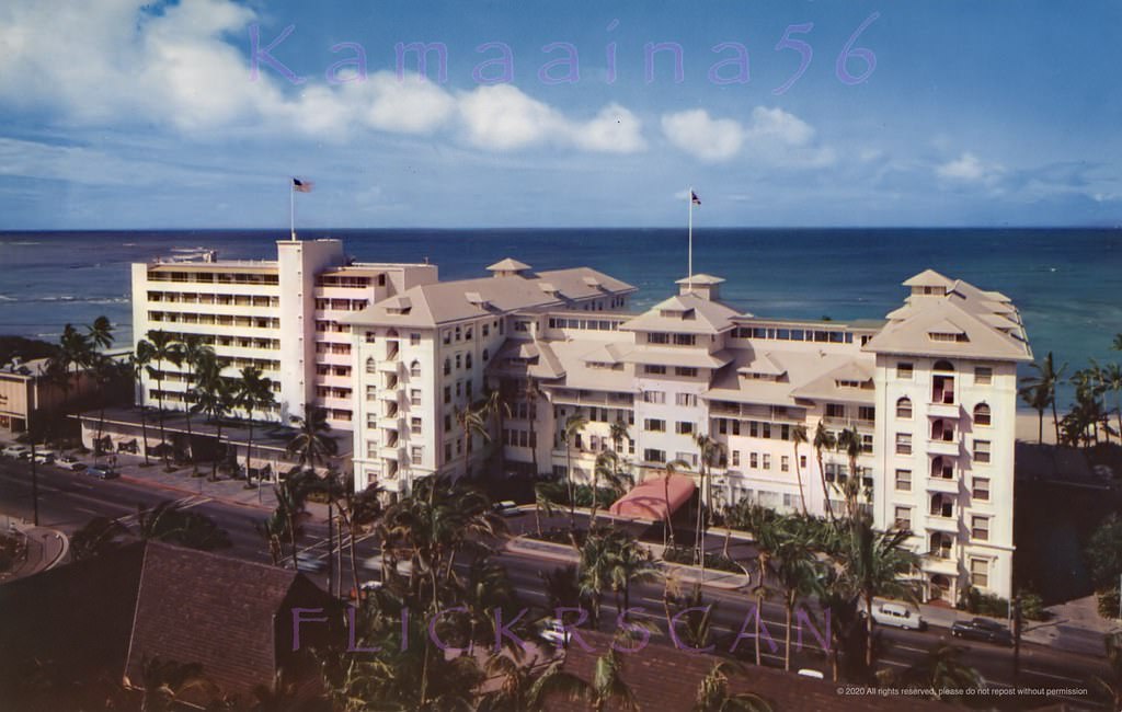 Waikiki's landmark Moana Surfrider Hotel viewed from an upper floor, 1950s